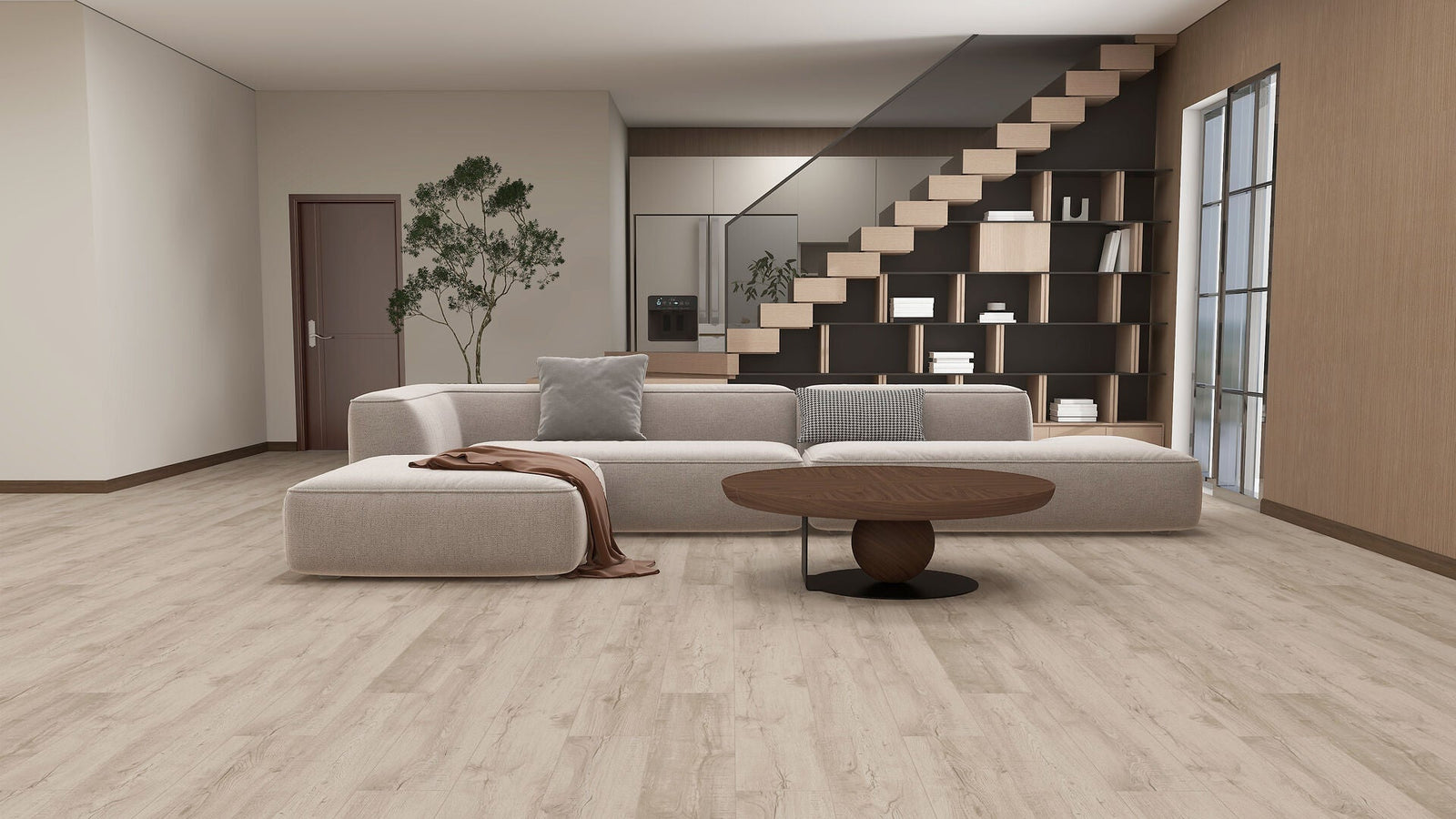 Hellbraunes Massivvinyl in einem eleganten Wohnzimmer