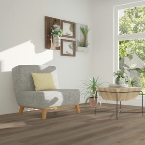 Geräumiger Eckbereich mit einem grauen Sofa und einem Holztisch mit Klick Vinyl Eiche Münsterland Boden 