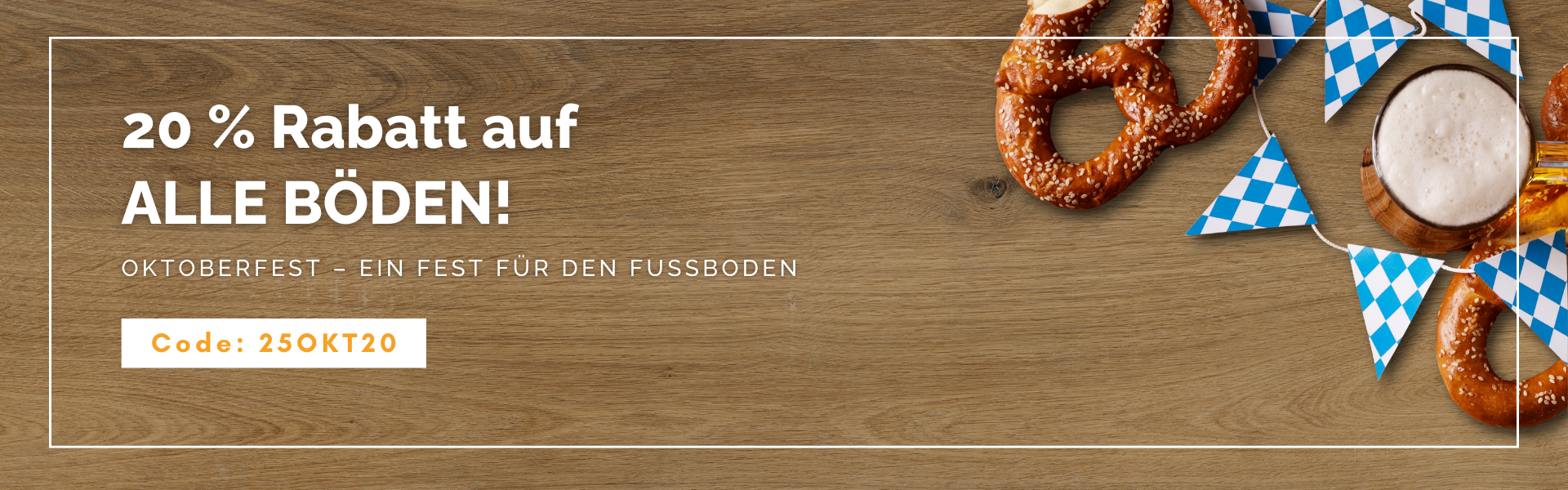 Auf einem hellbraunen Vinylboden liegen bayrische Fahnenketten, Brezen und eine Maß Bier - 20 % Rabatt auf ALLE Böden